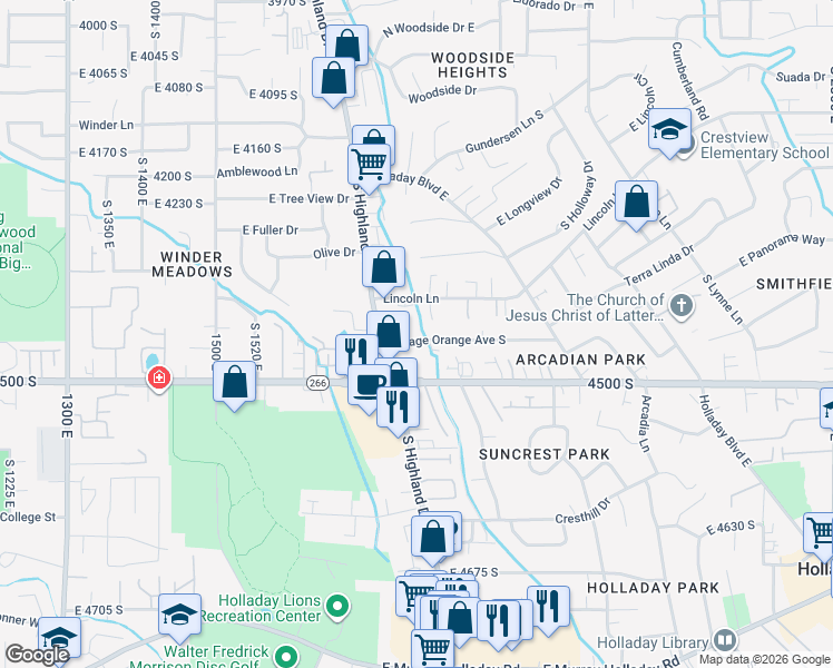 map of restaurants, bars, coffee shops, grocery stores, and more near 1820 Osage Orange Avenue South in Holladay