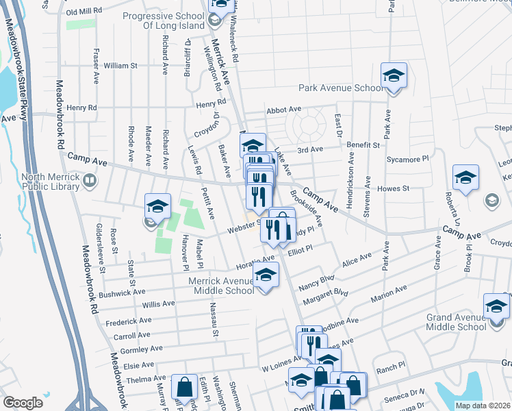 map of restaurants, bars, coffee shops, grocery stores, and more near 1757 Merrick Avenue North in Merrick