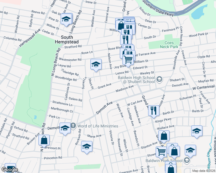 map of restaurants, bars, coffee shops, grocery stores, and more near 603 Madison Avenue in Baldwin