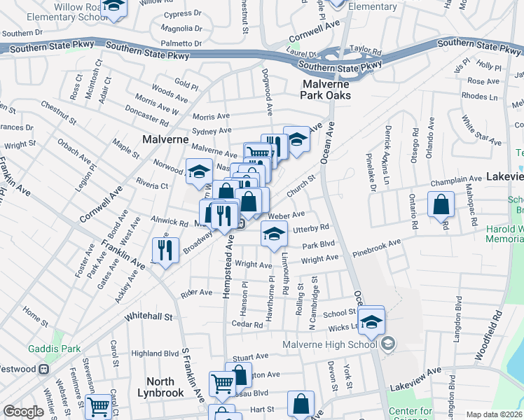 map of restaurants, bars, coffee shops, grocery stores, and more near 47 Church Street in Malverne
