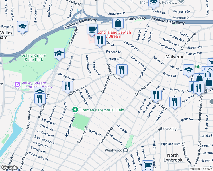map of restaurants, bars, coffee shops, grocery stores, and more near 441 Emerson Place in Valley Stream