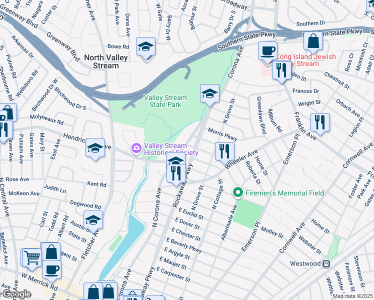 map of restaurants, bars, coffee shops, grocery stores, and more near 397 North Corona Avenue in Valley Stream