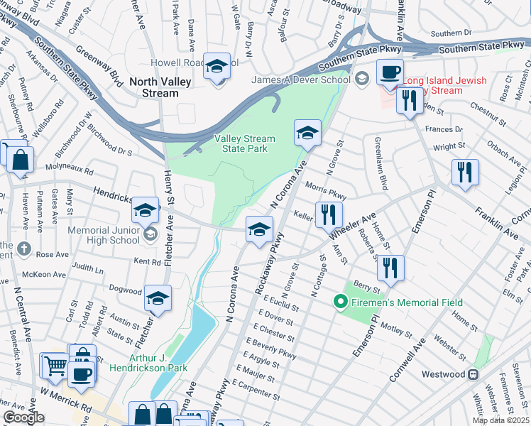 map of restaurants, bars, coffee shops, grocery stores, and more near 397 North Corona Avenue in Valley Stream