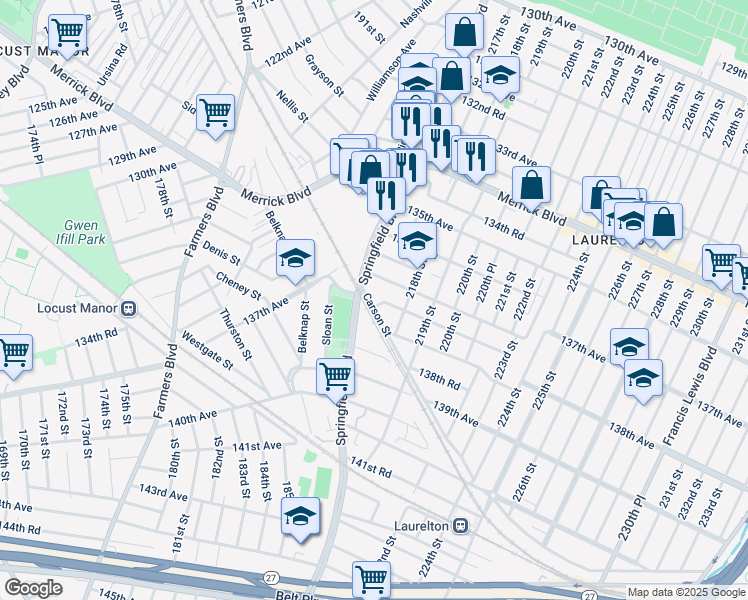 map of restaurants, bars, coffee shops, grocery stores, and more near 216-4 137th Road in Queens