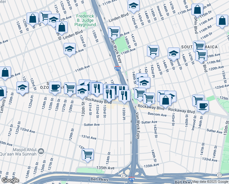 map of restaurants, bars, coffee shops, grocery stores, and more near 134-03 120th Avenue in Queens