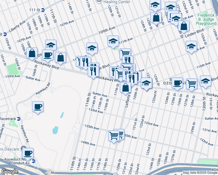 map of restaurants, bars, coffee shops, grocery stores, and more near 115-40 116th Street in Queens