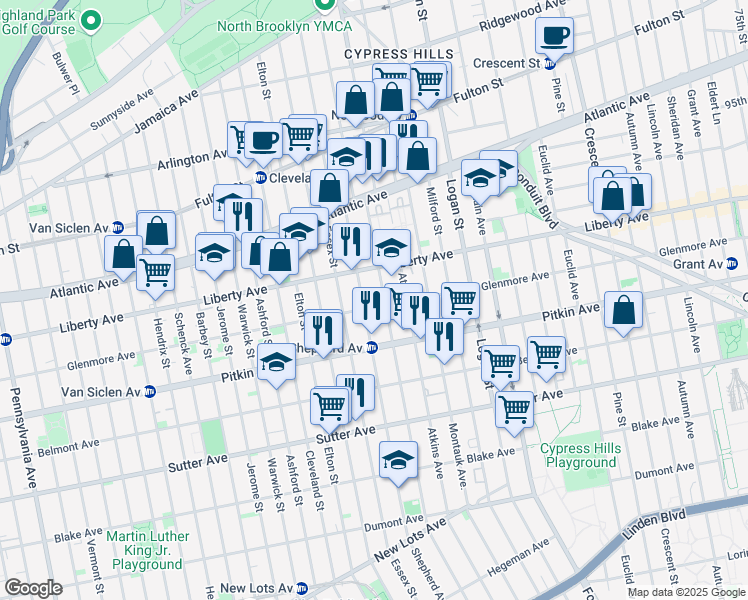 map of restaurants, bars, coffee shops, grocery stores, and more near 793 Glenmore Avenue in Brooklyn