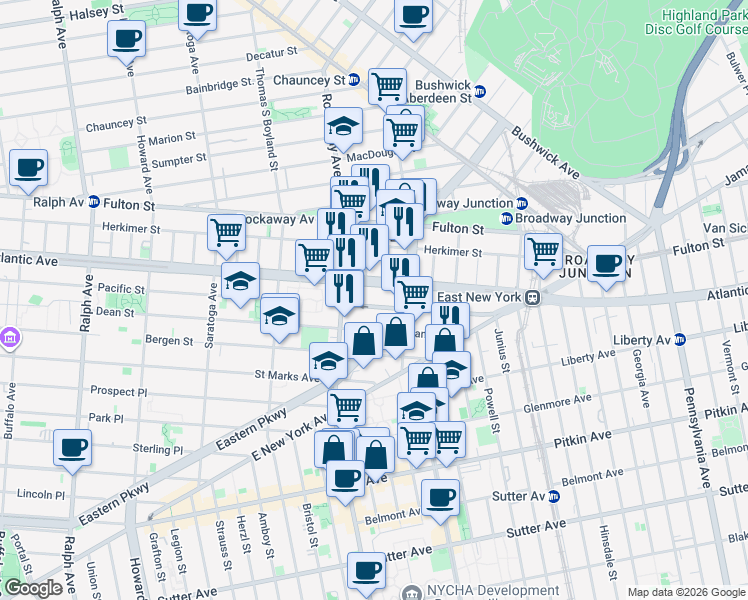 map of restaurants, bars, coffee shops, grocery stores, and more near 2254 Pacific Street in Brooklyn