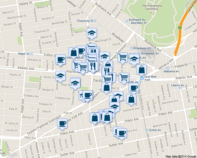 map of restaurants, bars, coffee shops, grocery stores, and more near 2254 Pacific Street in Brooklyn