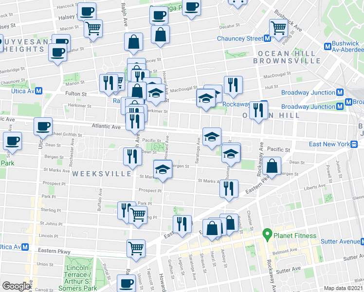 map of restaurants, bars, coffee shops, grocery stores, and more near 2083 Dean Street in Brooklyn