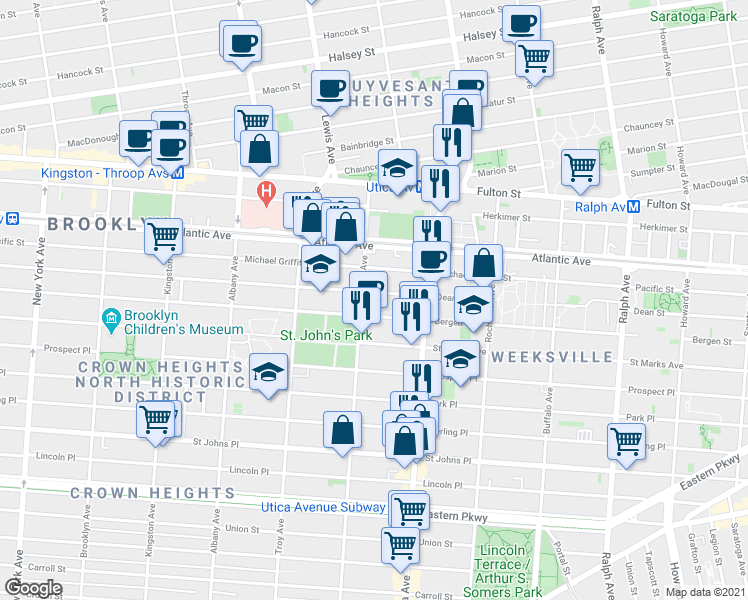 map of restaurants, bars, coffee shops, grocery stores, and more near 1694 Dean Street in Brooklyn