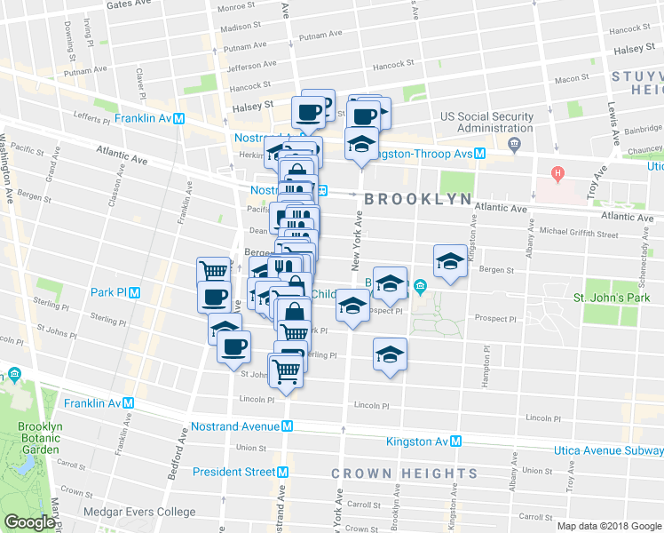 map of restaurants, bars, coffee shops, grocery stores, and more near 725 Saint Marks Avenue in Brooklyn
