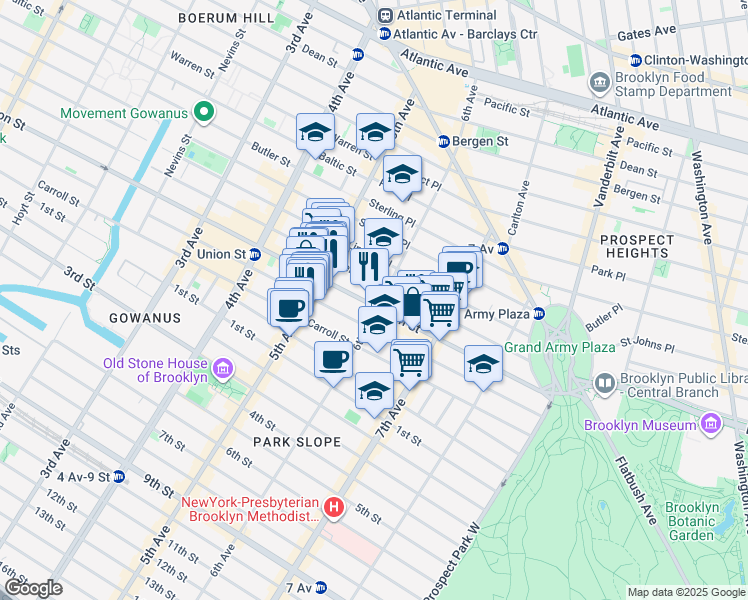 map of restaurants, bars, coffee shops, grocery stores, and more near 740A Union Street in Brooklyn