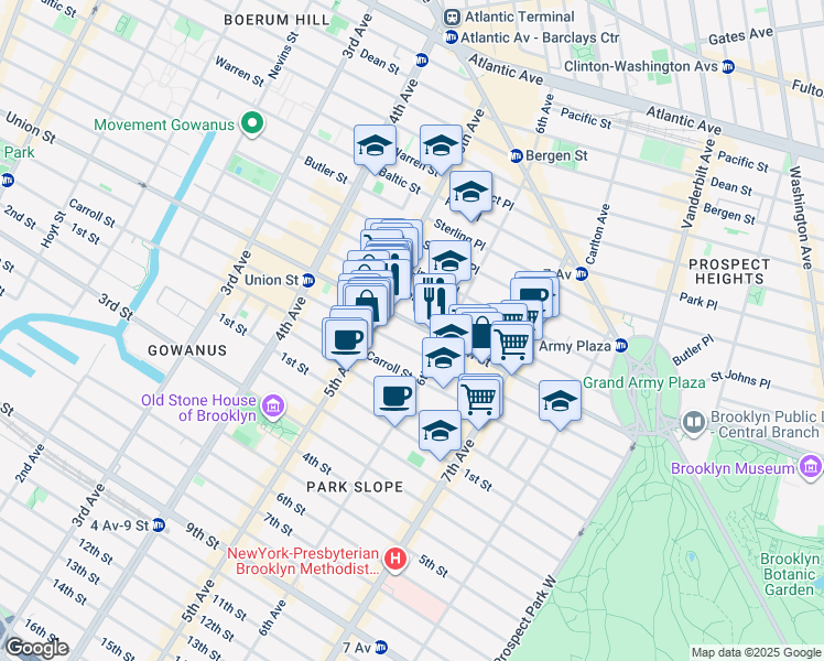 map of restaurants, bars, coffee shops, grocery stores, and more near 740A Union Street in Brooklyn