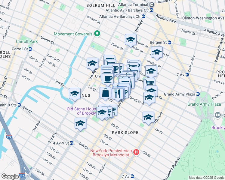 map of restaurants, bars, coffee shops, grocery stores, and more near 584 Carroll Street in Brooklyn
