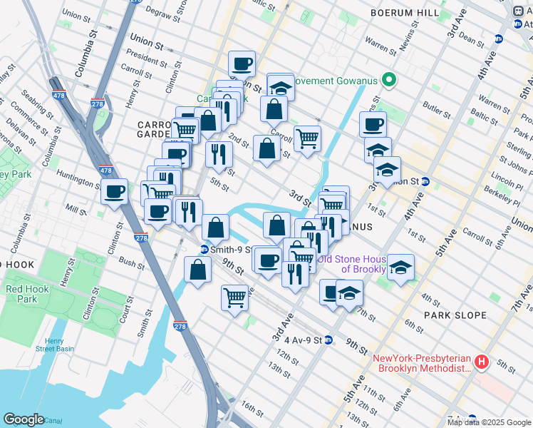 map of restaurants, bars, coffee shops, grocery stores, and more near 110 5th Street in Brooklyn