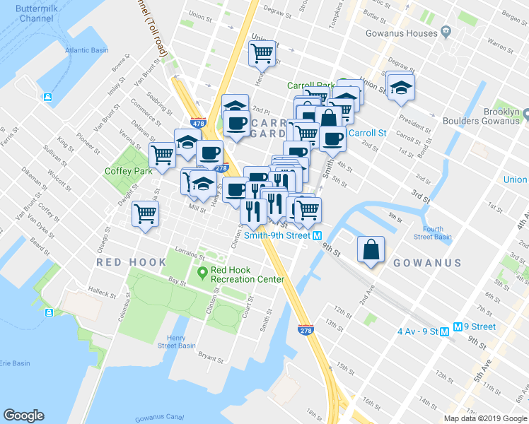 map of restaurants, bars, coffee shops, grocery stores, and more near 519 Court Street in Brooklyn