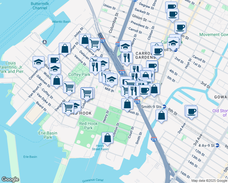map of restaurants, bars, coffee shops, grocery stores, and more near 748 Henry Street in Brooklyn