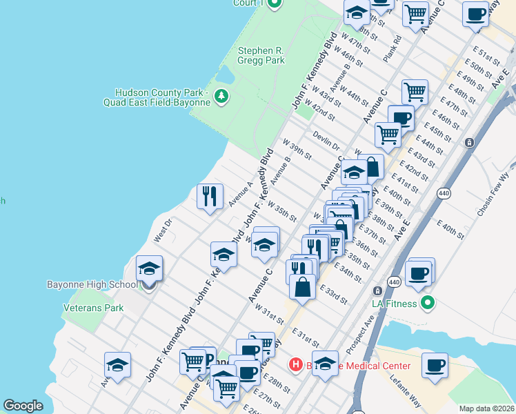 map of restaurants, bars, coffee shops, grocery stores, and more near in Bayonne