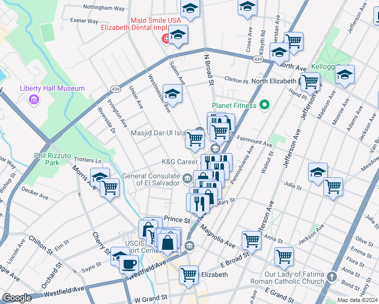 map of restaurants, bars, coffee shops, grocery stores, and more near 552 Westminster Avenue in Elizabeth