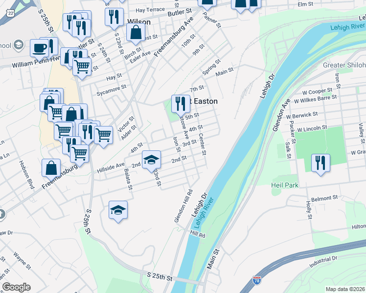 map of restaurants, bars, coffee shops, grocery stores, and more near 2200 3rd Street in Easton