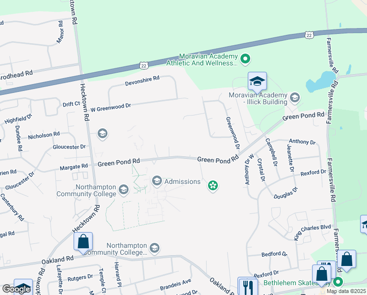 map of restaurants, bars, coffee shops, grocery stores, and more near 4015 Green Pond Road in Bethlehem