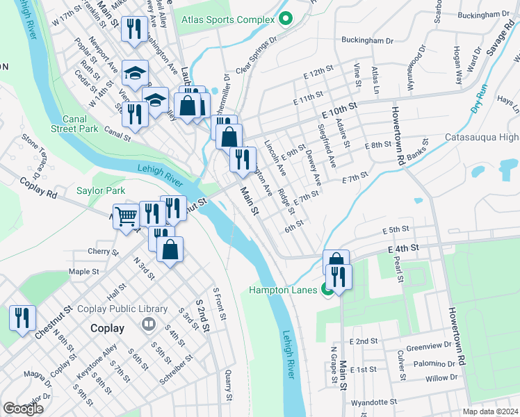 map of restaurants, bars, coffee shops, grocery stores, and more near 723 Main Street in Northampton