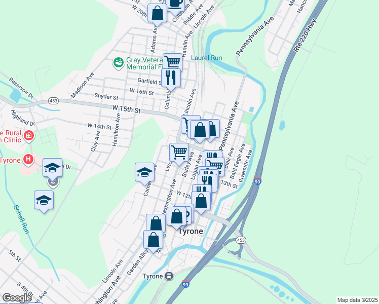 map of restaurants, bars, coffee shops, grocery stores, and more near 1354-1398 Burley Ave in Tyrone