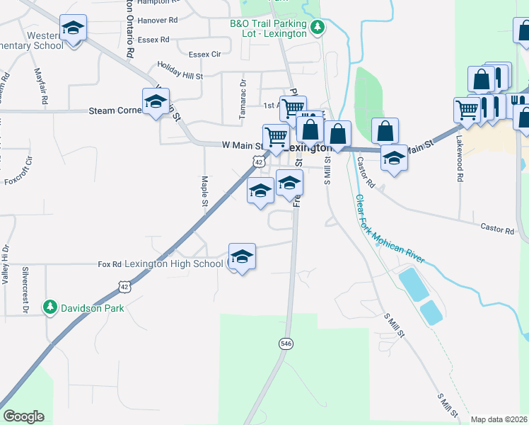 map of restaurants, bars, coffee shops, grocery stores, and more near 66 Clever Lane in Mansfield