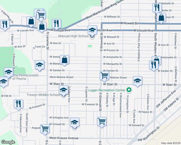 map of restaurants, bars, coffee shops, grocery stores, and more near 2510 West Garden Street in Peoria