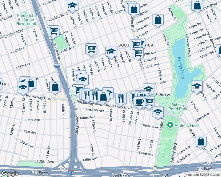 map of restaurants, bars, coffee shops, grocery stores, and more near 120-35 144th Street in Queens