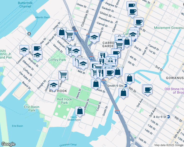 map of restaurants, bars, coffee shops, grocery stores, and more near 110 West 9th Street in Brooklyn
