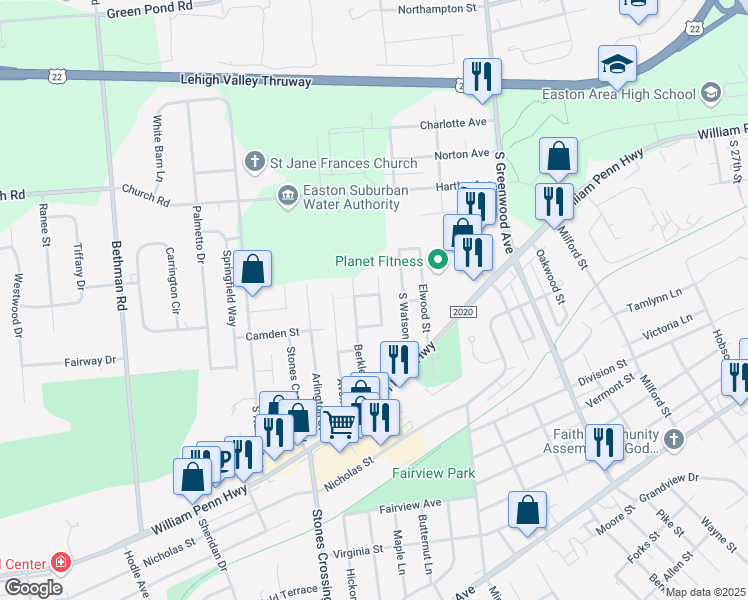 map of restaurants, bars, coffee shops, grocery stores, and more near 332 Dalton Street in Easton