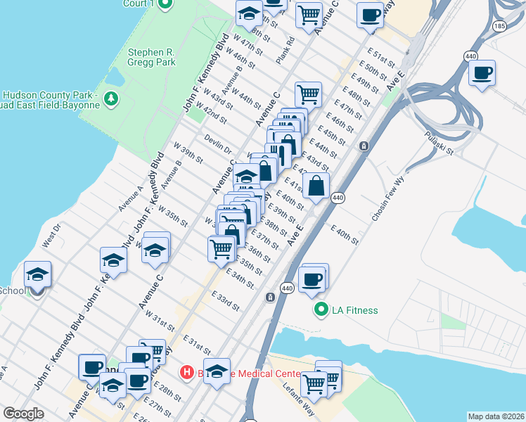 map of restaurants, bars, coffee shops, grocery stores, and more near 15 East 38th Street in Bayonne