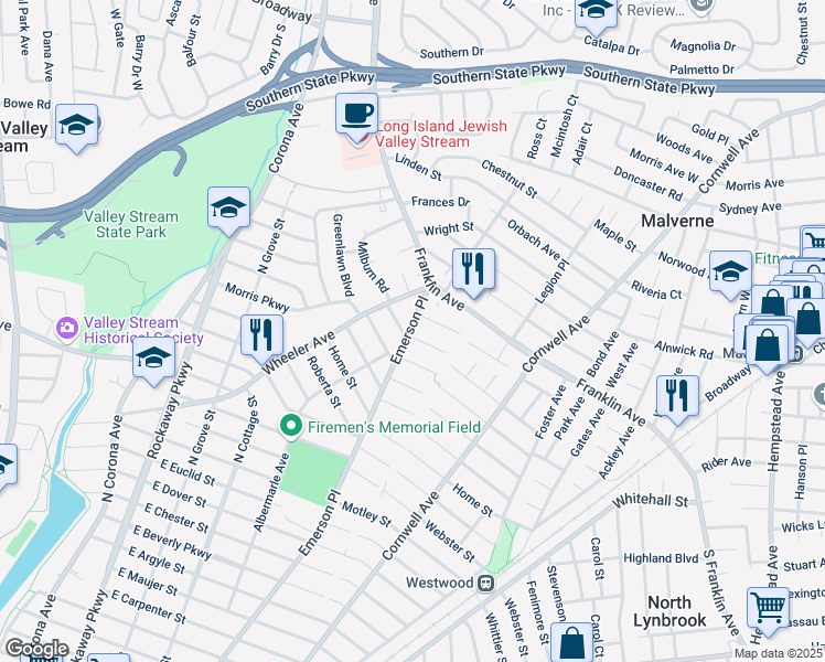 map of restaurants, bars, coffee shops, grocery stores, and more near 441 Emerson Place in Valley Stream