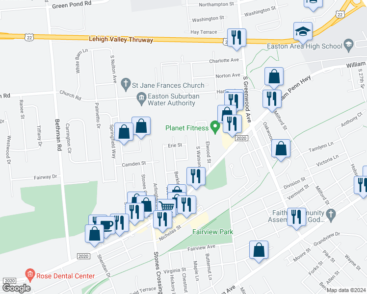 map of restaurants, bars, coffee shops, grocery stores, and more near 332 Dalton Street in Easton