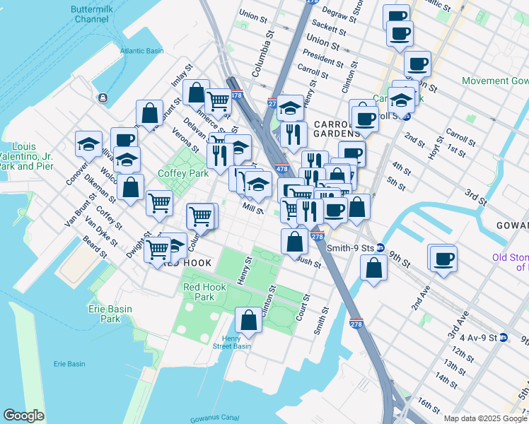 map of restaurants, bars, coffee shops, grocery stores, and more near 732 Henry Street in Brooklyn