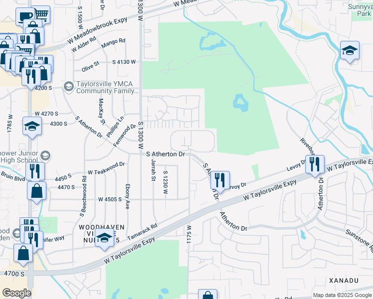 map of restaurants, bars, coffee shops, grocery stores, and more near 1192 4365 South in Taylorsville