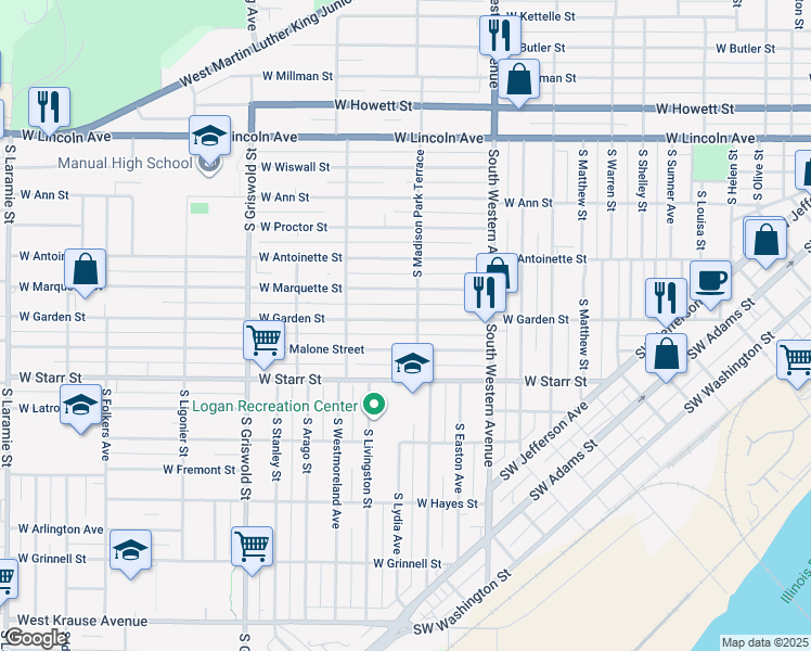 map of restaurants, bars, coffee shops, grocery stores, and more near 2106 West Garden Street in Peoria