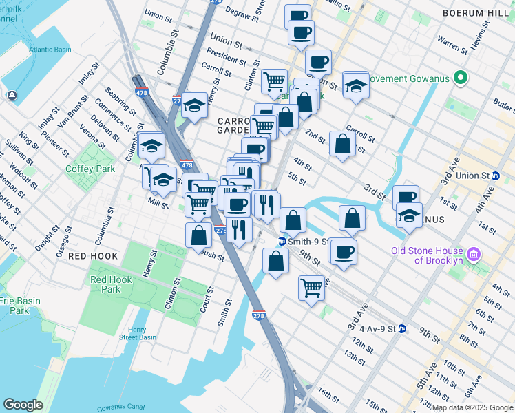 map of restaurants, bars, coffee shops, grocery stores, and more near 199 Huntington Street in Brooklyn