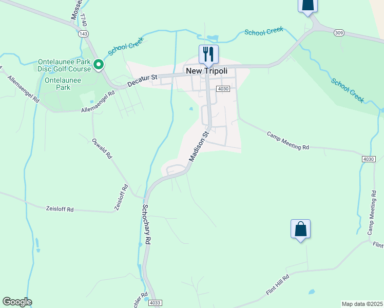 map of restaurants, bars, coffee shops, grocery stores, and more near 6622 Madison Street in New Tripoli
