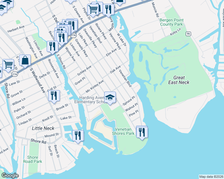 map of restaurants, bars, coffee shops, grocery stores, and more near 354 Granada Parkway in Lindenhurst