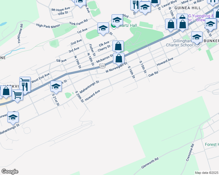 map of restaurants, bars, coffee shops, grocery stores, and more near 1815 Howard Avenue in Pottsville