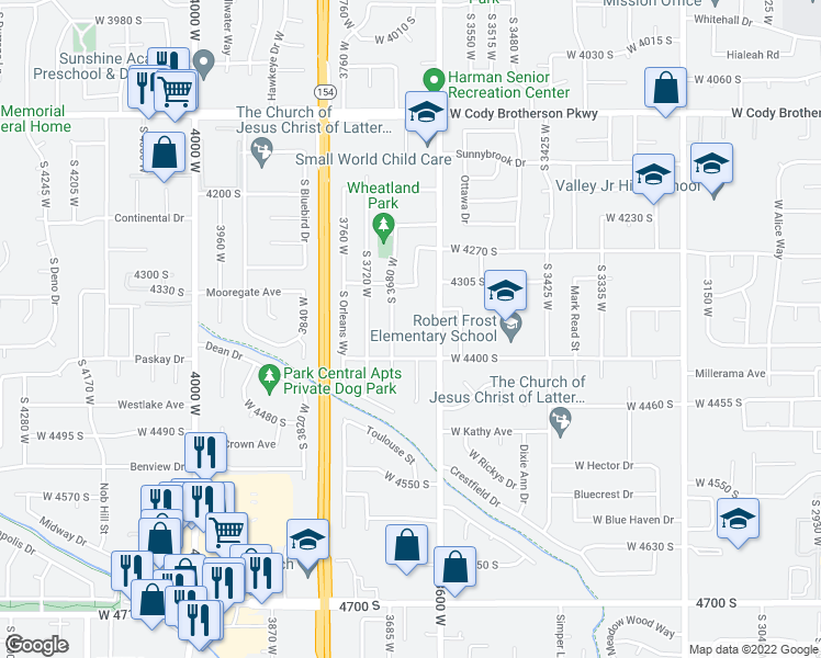 map of restaurants, bars, coffee shops, grocery stores, and more near 3650 W 4400 S in Salt Lake City