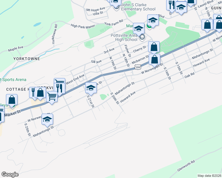 map of restaurants, bars, coffee shops, grocery stores, and more near 1952 Mahantongo Street in Pottsville