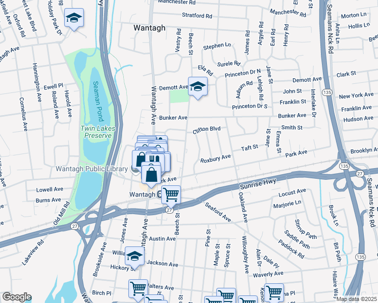 map of restaurants, bars, coffee shops, grocery stores, and more near 1871 Bourne Court in Wantagh
