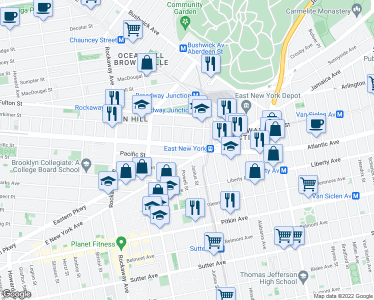 map of restaurants, bars, coffee shops, grocery stores, and more near 2416 Atlantic Avenue in Brooklyn