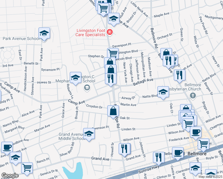 map of restaurants, bars, coffee shops, grocery stores, and more near 2437 Natta Boulevard in Bellmore