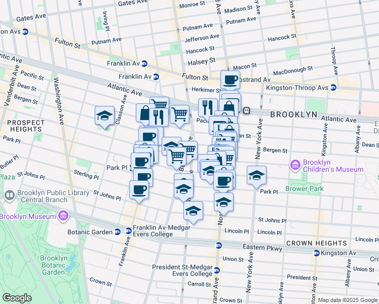 map of restaurants, bars, coffee shops, grocery stores, and more near 32 Rogers Avenue in Brooklyn