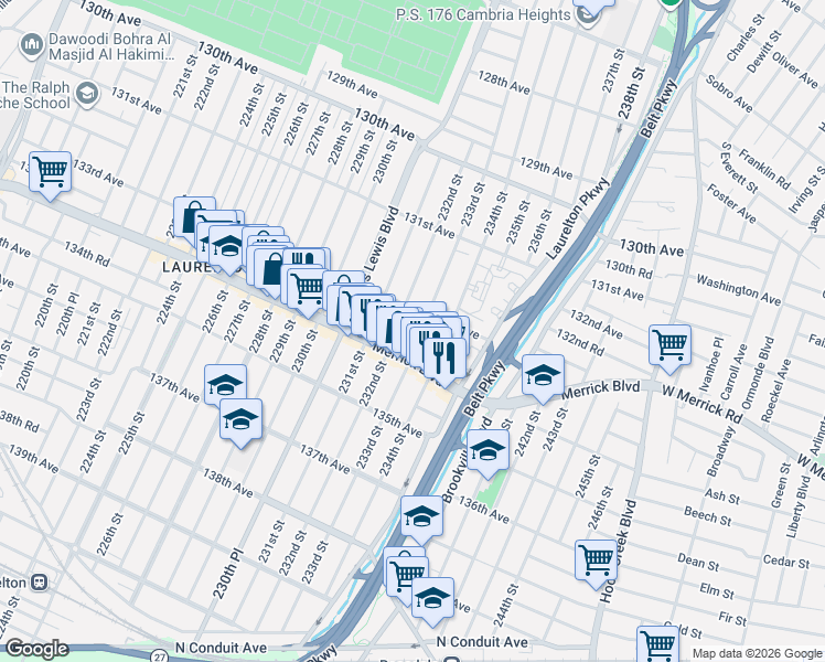 map of restaurants, bars, coffee shops, grocery stores, and more near 13321 232nd Street in Queens